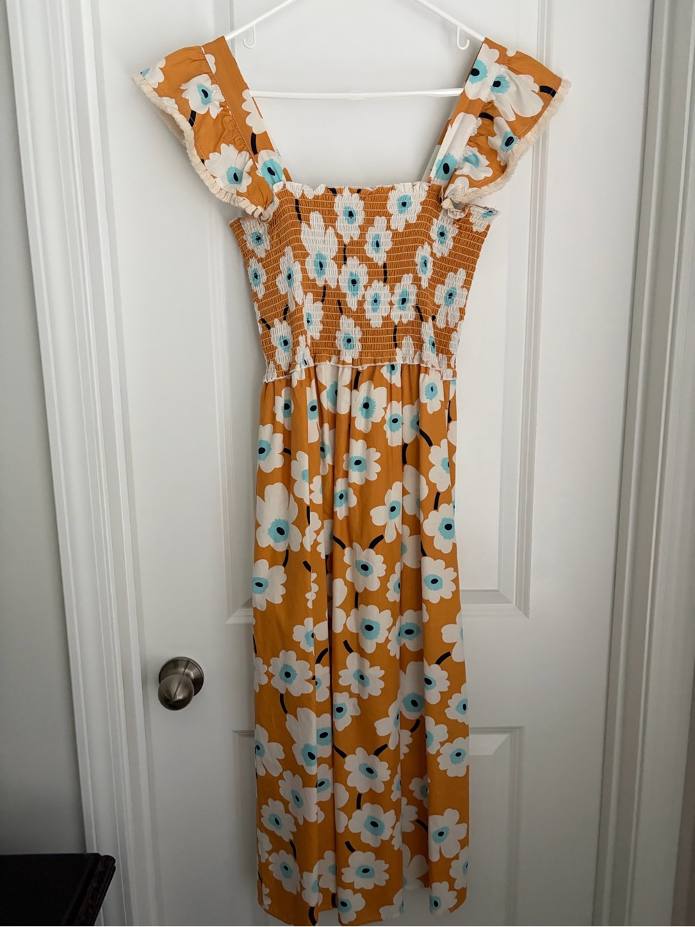 THML Golden Yellow Floral Maxi Dress with Blue-Accent Blooms